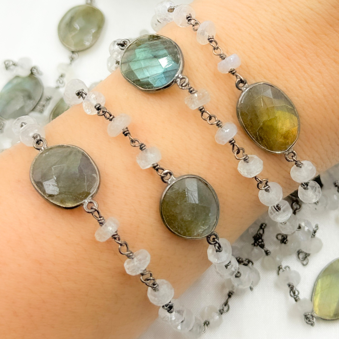 Rondel Moonstone & Coin Labradorite Oxidized 925 Sterling Silver Wire Chain