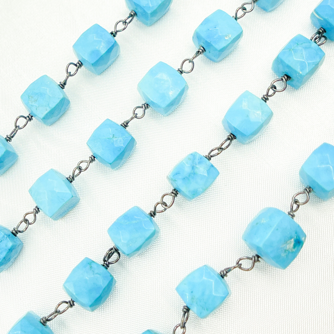 Turquoise Cube Shape Oxidized 925 Sterling Silver Wire Chain