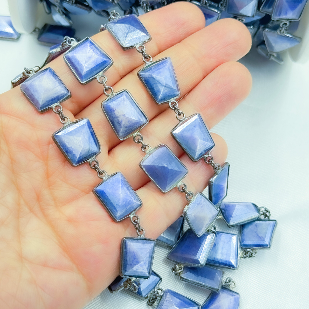 Coated Blue Quartz Rectangle Shape Bezel Oxidized Wire Chain. CQU47