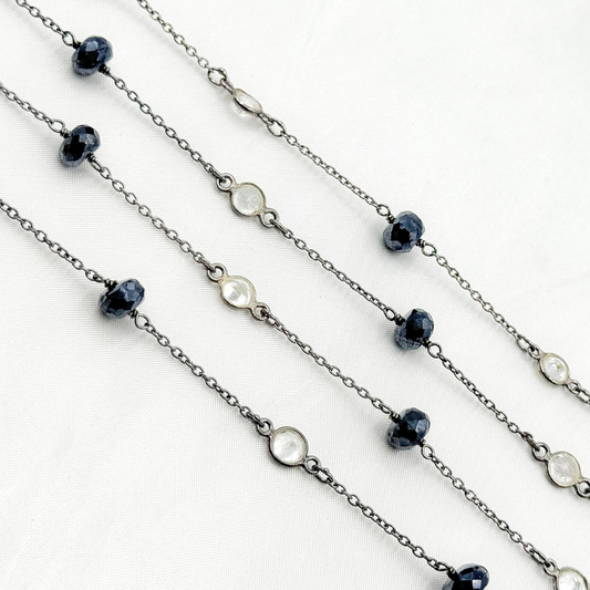 Coated Black Spinel Rondel Shape & White Topaz Oxidized Connected Wire Chain.