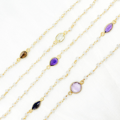 White Moonstone & Multi Stone Gold Plated Wire Chain.