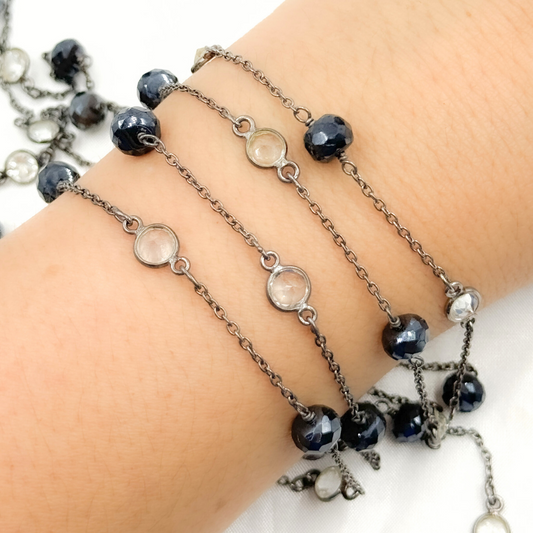 Coated Black Spinel Rondel Shape & White Topaz Oxidized Connected Wire Chain