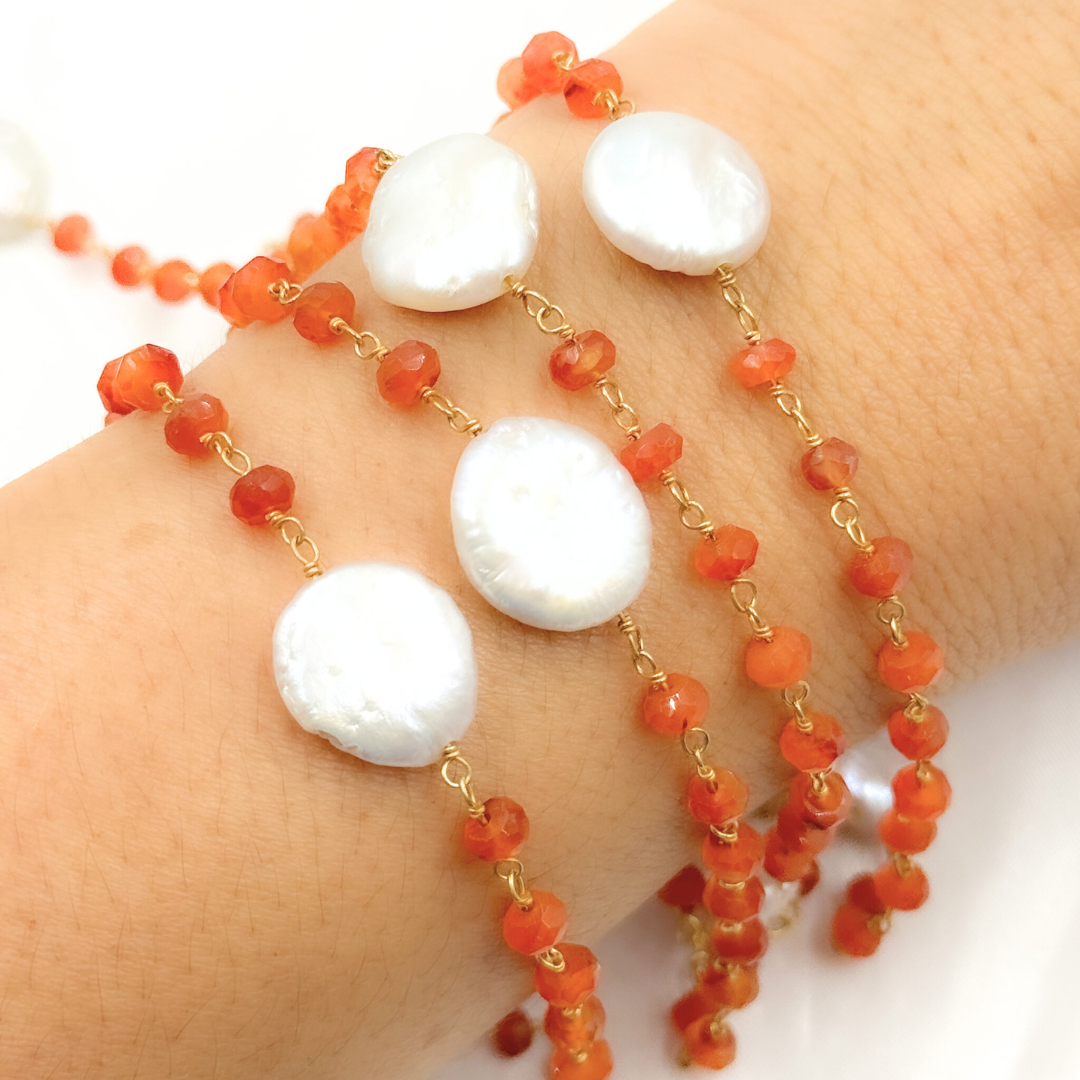 Carnelian & Pearl Round Shape Bezel Gold Plated Wire Chain