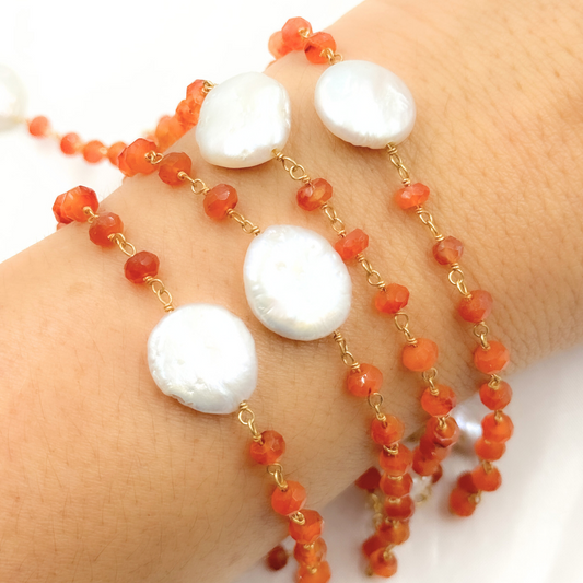 Carnelian & Pearl Round Shape Bezel Gold Plated Wire Chain