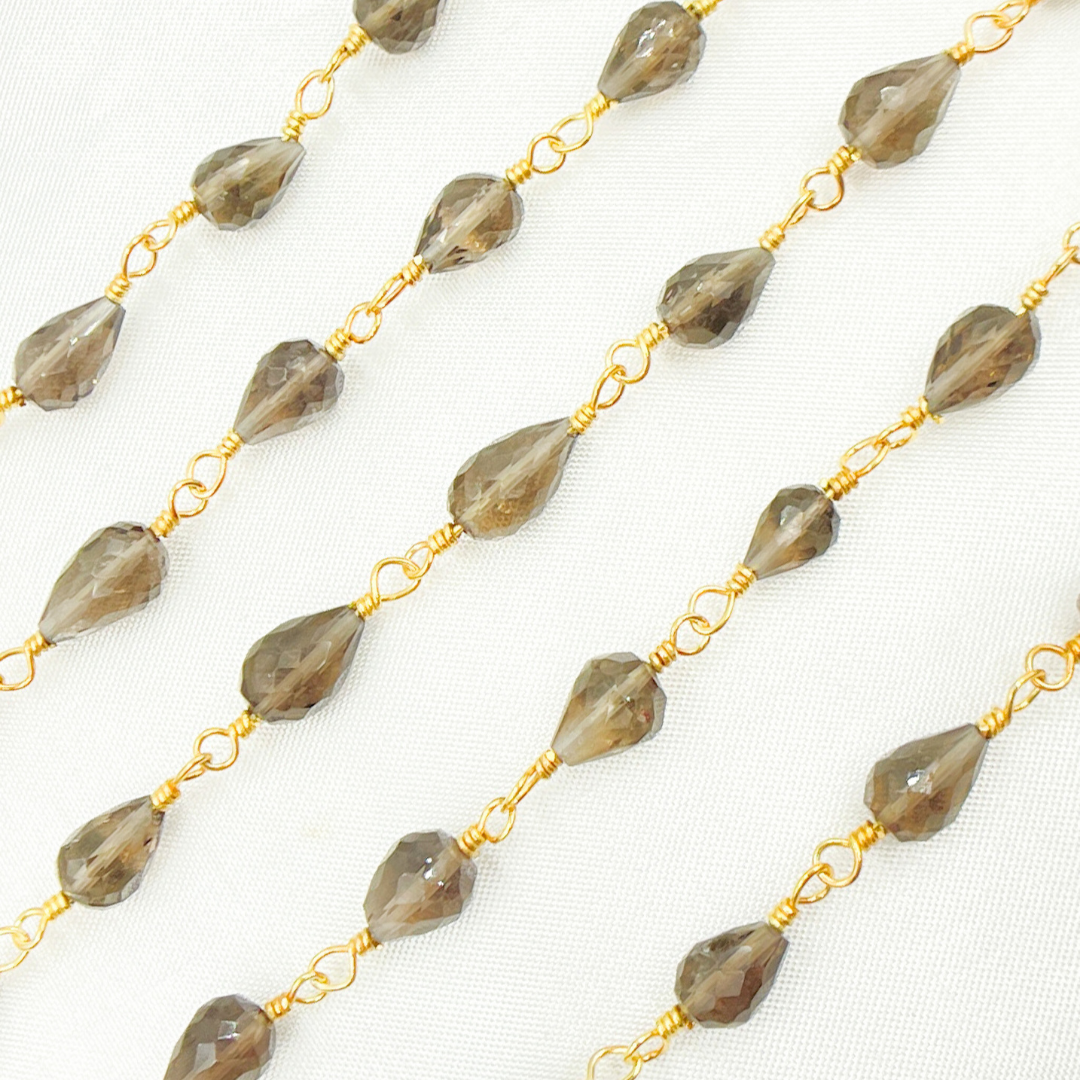 Smoky Quartz Tear Drop Shape Gold Plated Wire Chain