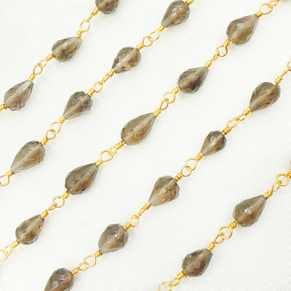 Smoky Quartz Tear Drop Shape Gold Plated Wire Chain
