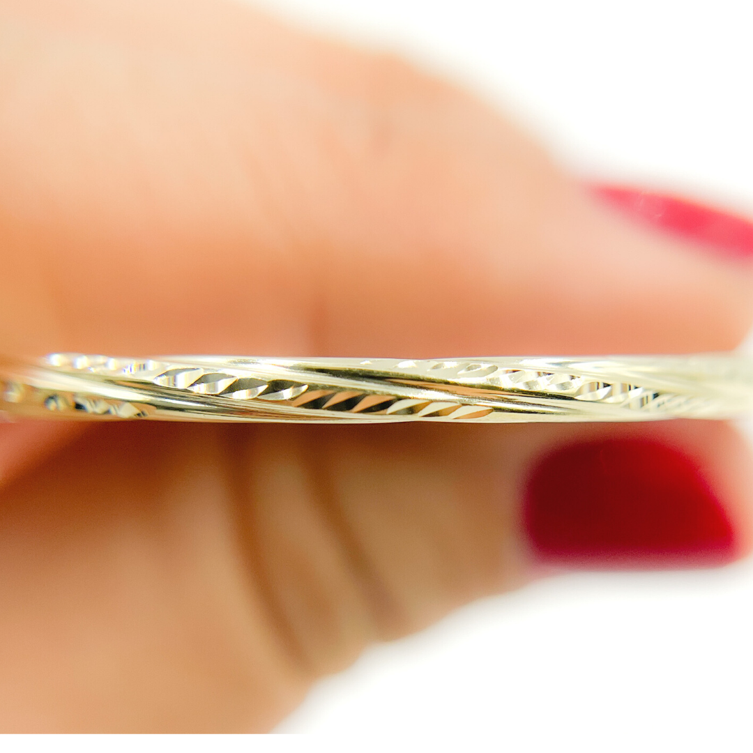 14K Gold Hoop Earrings with Engraved Tornado Design.