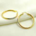 Load image into Gallery viewer, 14K Gold Tri-Color Hoop Earrings with Engraved Tornado Design.