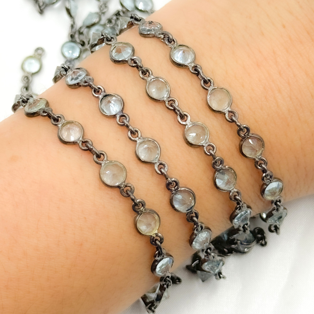 Sky Blue Topaz Round Shape Bezel Oxidized Wire Chain