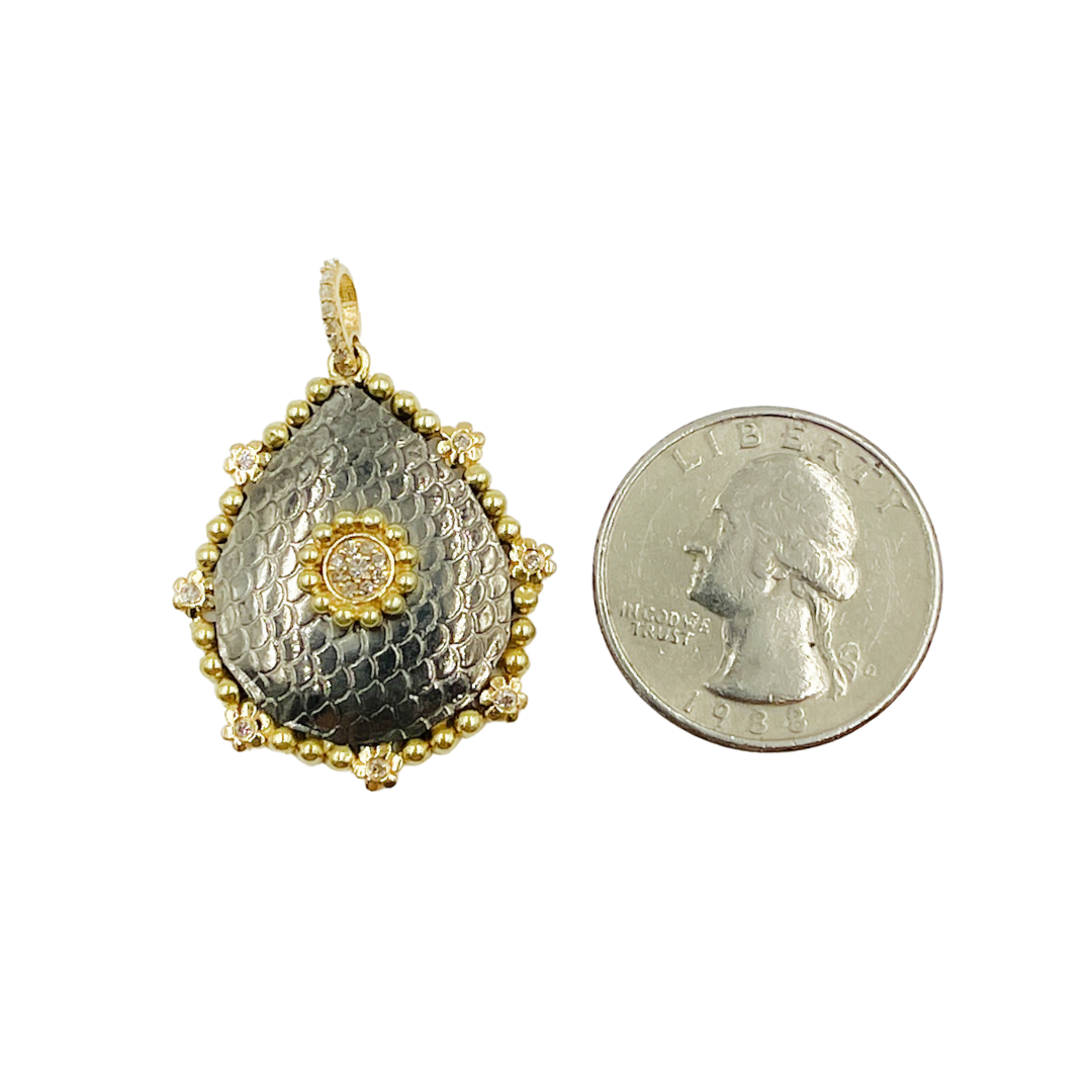 Sterling Silver Black Rhodium with Diamonds Drop Shape Charm with Flowers around