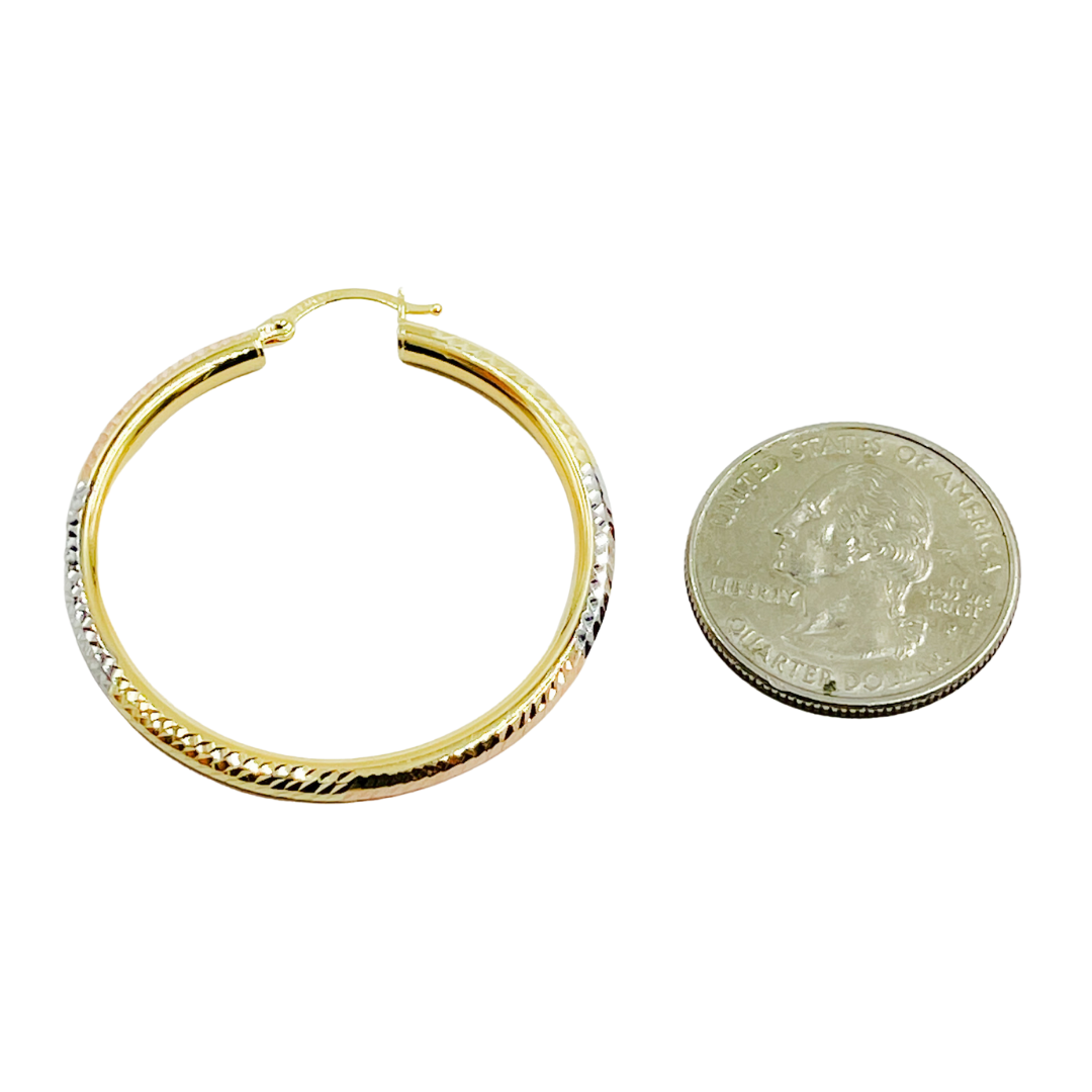 14K Gold Tri-Color Hoop Earrings with Engraved Tornado Design.