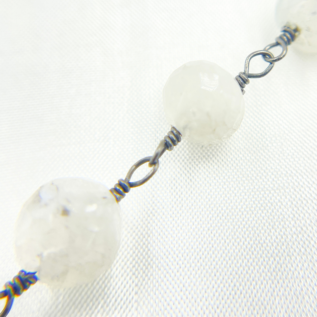 White Moonstone Round Shape Oxidized Wire Chain. WMS31