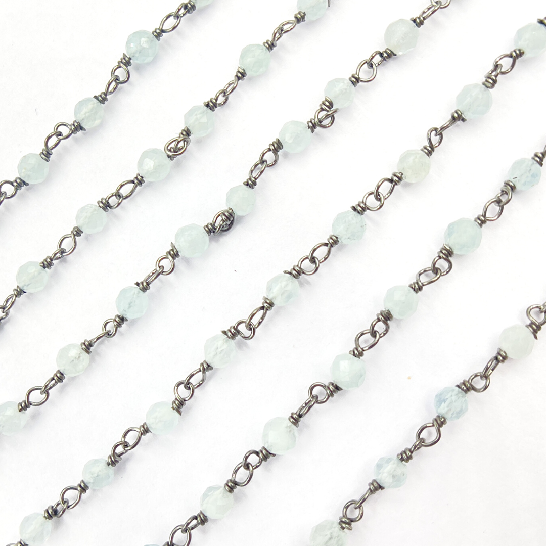 Aqua Blue gemstone Oxidized 925 Sterling Silver Wire Chain