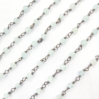 Aqua Blue gemstone Oxidized 925 Sterling Silver Wire Chain