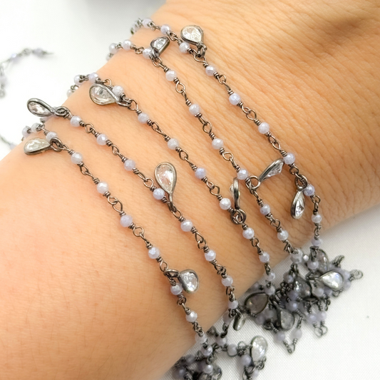 Coated Blue Quartz & CZ Dangle Oxidized Wire Chain