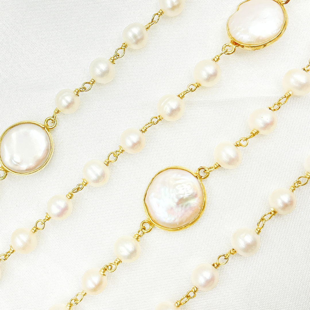 White Freshwater Pearl Organic and Bezel Round Shape Wire Wrap Chain