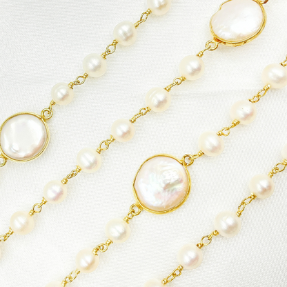 White Freshwater Pearl Organic and Bezel Round Shape Wire Wrap Chain