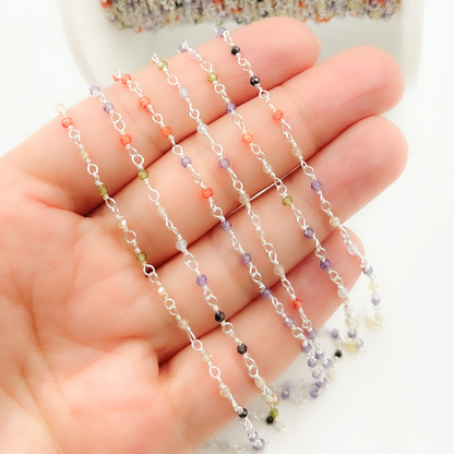 Multi Color Cubic Zirconia 925 Sterling Silver Wire Wrap Chain.