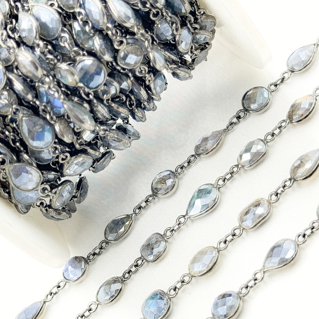 Coated Labradorite Pear & Round Shape Bezel Oxidized Wire Chain