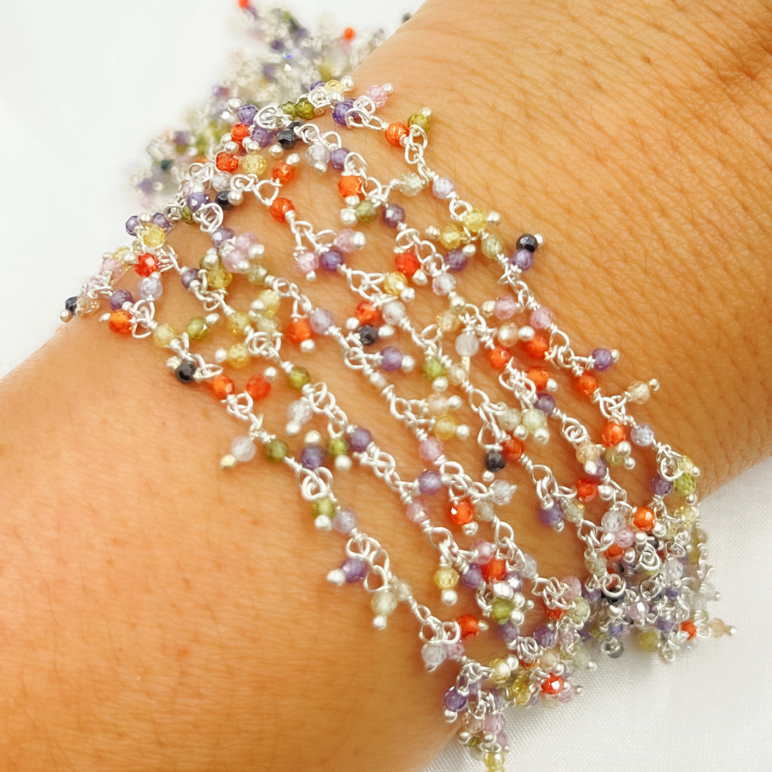 Multi Color C.Z. Cluster Dangle 925 Sterling Silver Wire Chain