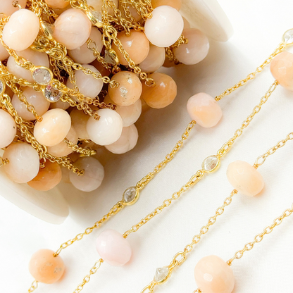 Pink Opal Rondel Shape & White Topaz Gold Plated Connected Wire Chain.