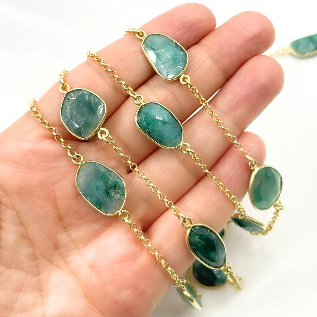 Dyed Emerald Organic Shape Bezel Gold Plated Connected Wire Chain