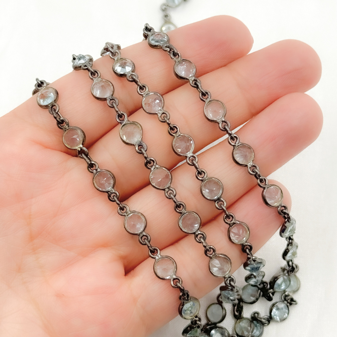 Sky Blue Topaz Round Shape Bezel Oxidized Wire Chain