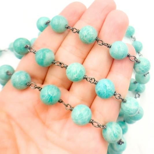 Amazonite Round Shape Oxidized Wire Chain