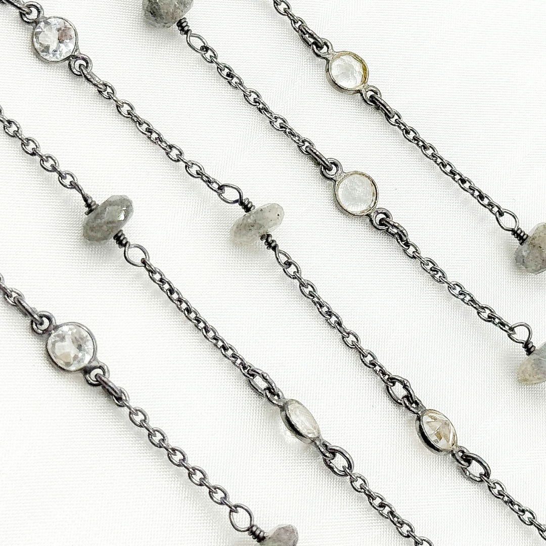 Labradorite & White Topaz Oxidized Connected Wire Chain.