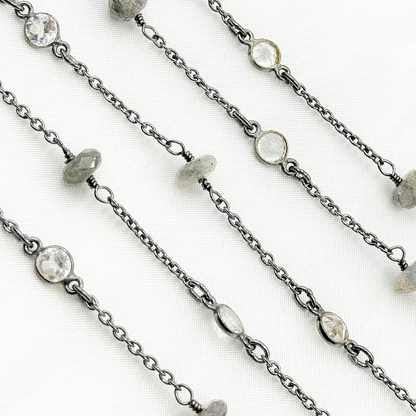 Labradorite & White Topaz Oxidized Connected Wire Chain.