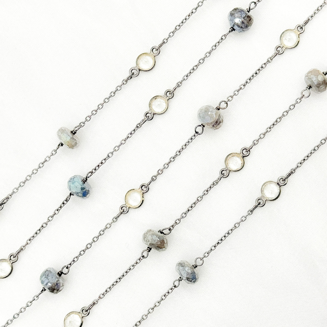 Coated Labradorite & White Topaz Oxidized Connected Wire Chain.