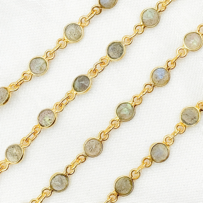 Labradorite Round Shape Bezel Gold Plated Wire Chain.
