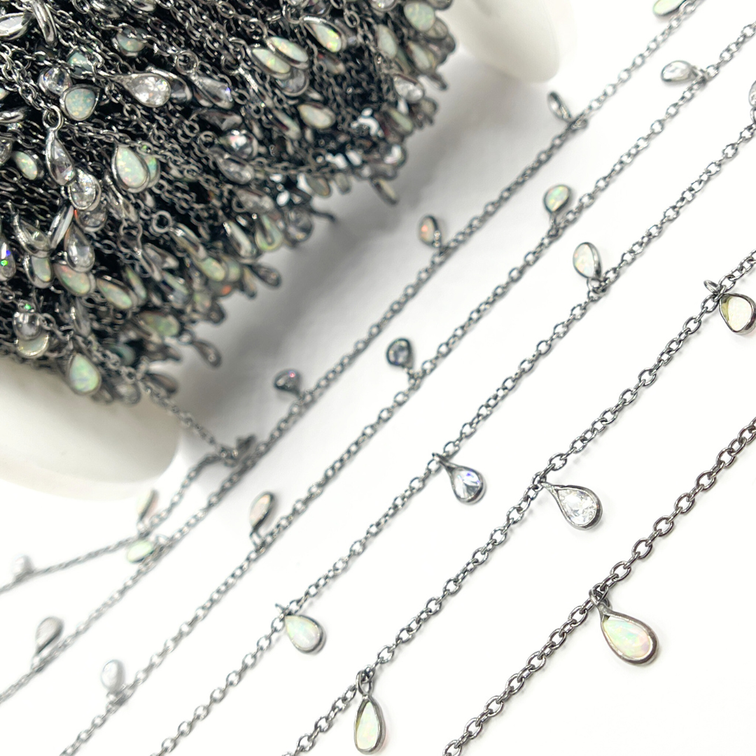 Created White Opal + CZ Pear Shape Dangle Chain