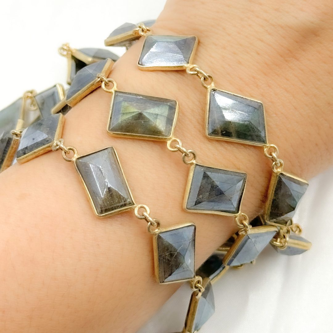 Coated Labradorite Rhomb Shape Bezel Gold Plated Wire Chain