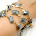 Load image into Gallery viewer, Coated Labradorite Rhomb Shape Bezel Gold Plated Wire Chain. CLB65
