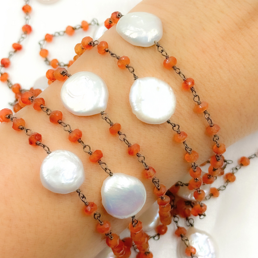 Carnelian & Pearl Round Shape Oxidized Wire Chain