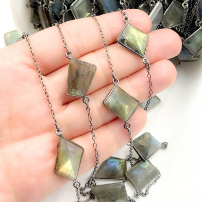 Labradorite Rectangle Shape Bezel Oxidized Connected Wire Chain