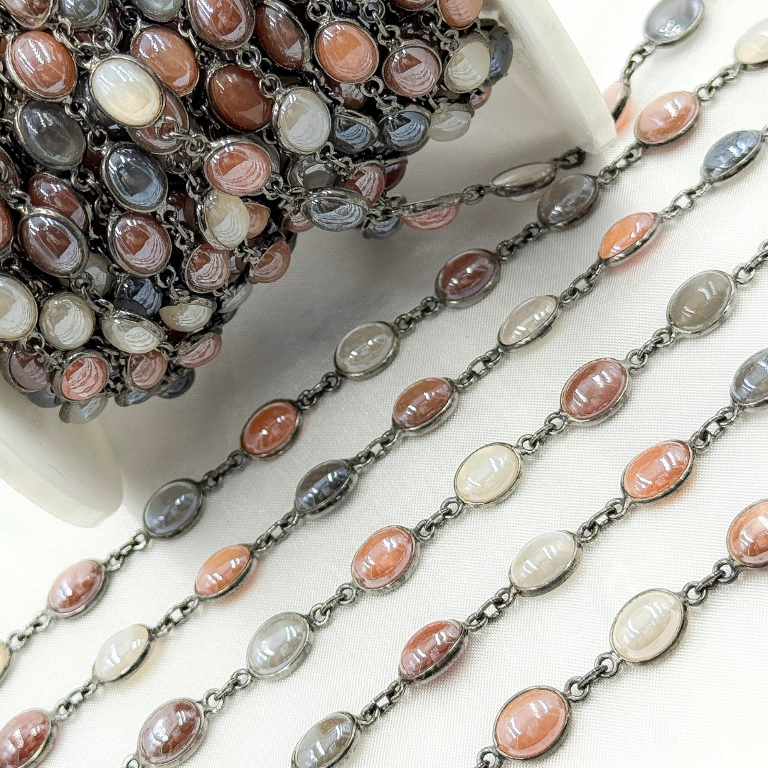 Coated Multi Moonstone Oval Shape Bezel Oxidized Wire Chain.