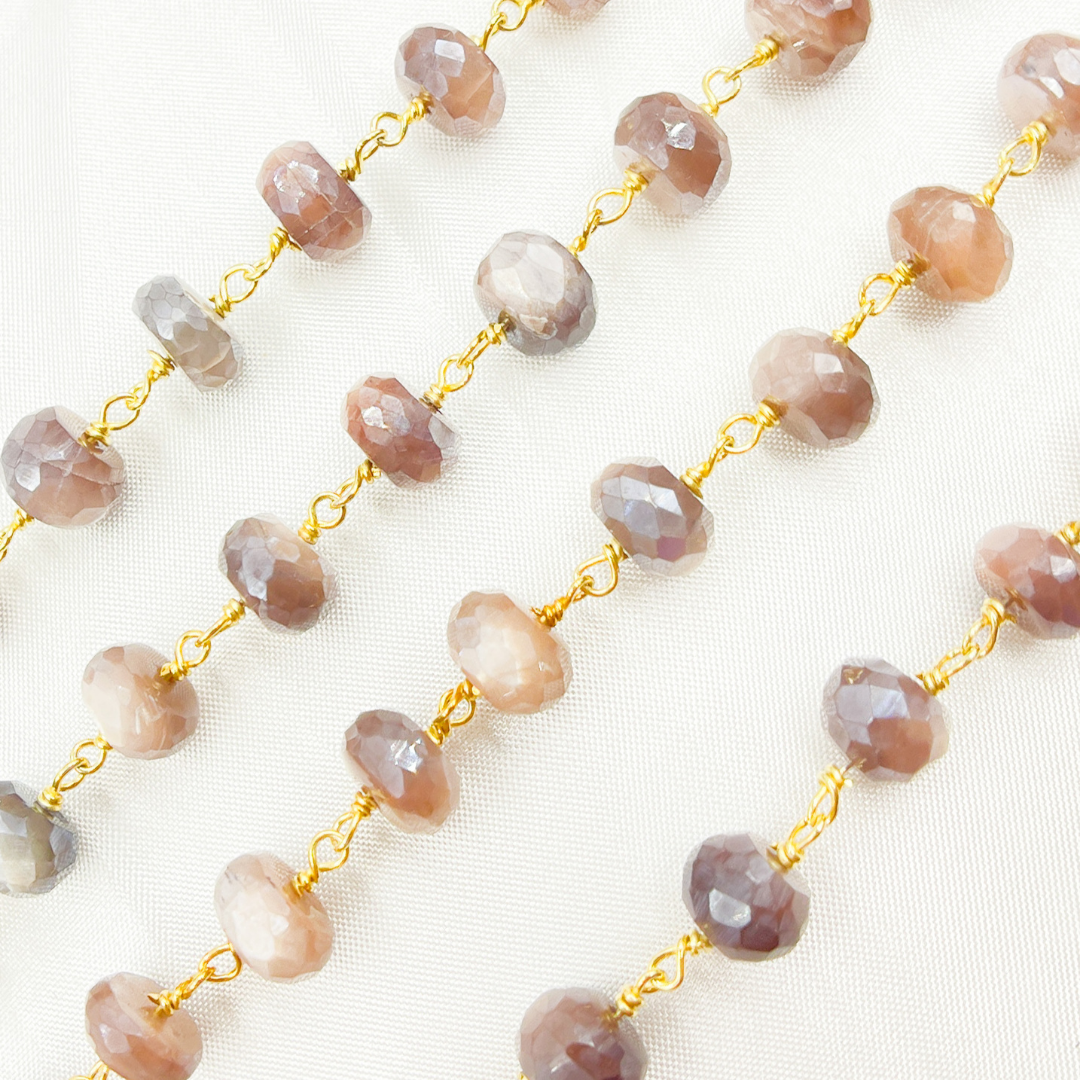 Coated Peach Oval Moonstone Gold Plated Wire Chain. CMS77