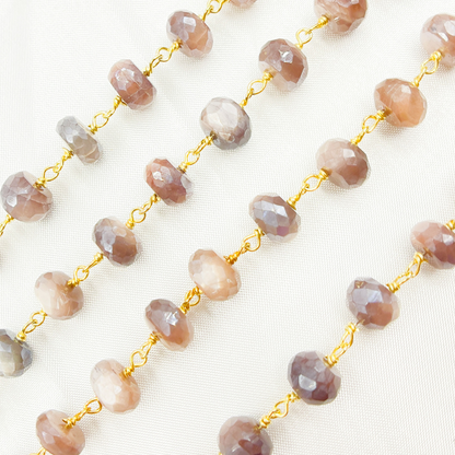 Coated Peach Oval Moonstone Gold Plated Wire Chain. CMS77