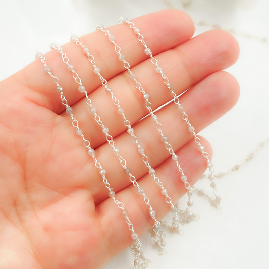 Coated Peach Moonstone 925 Sterling Silver Wire Chain.