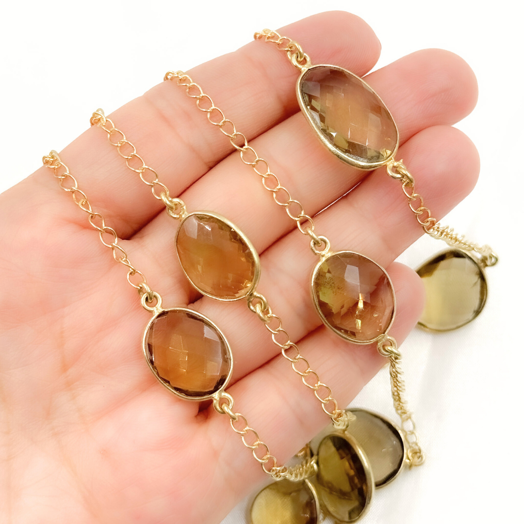 Whisky Quartz Organic Shape Bezel Gold Plated Wire Chain. QTZ4