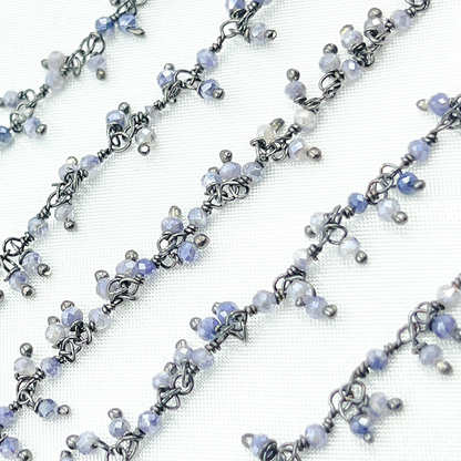 Coated Blue Moonstone Cluster Dangle Oxidized Wire Chain.