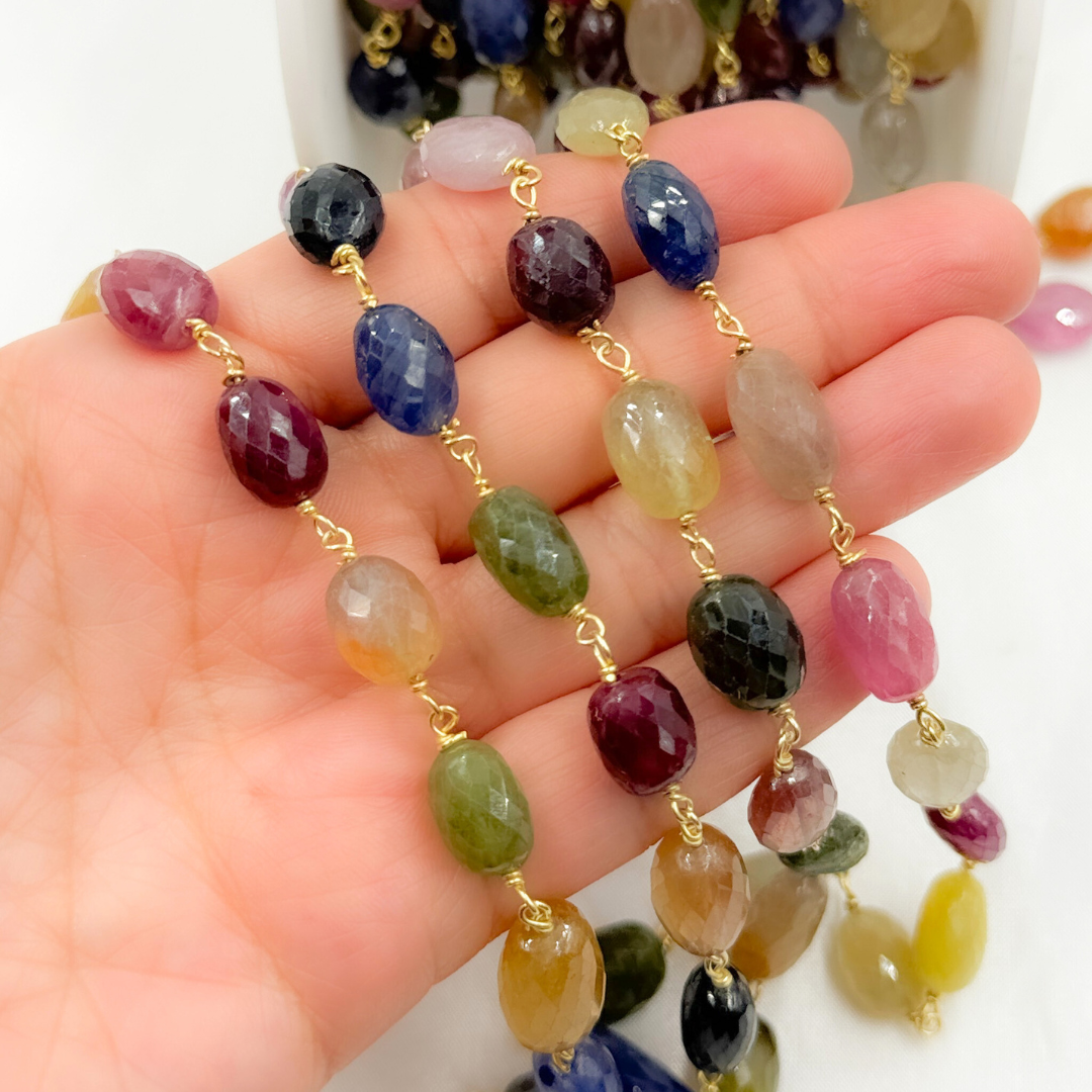Multi Sapphire Rondel Faceted Gold Plated 925 Sterling Silver Wire Chain.