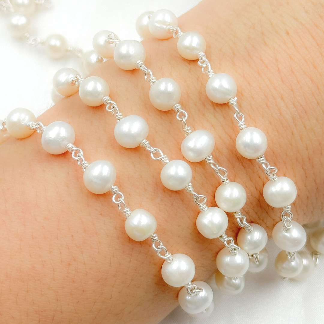 White Pearl Round 925 Sterling Silver Wire Chain. PRL57