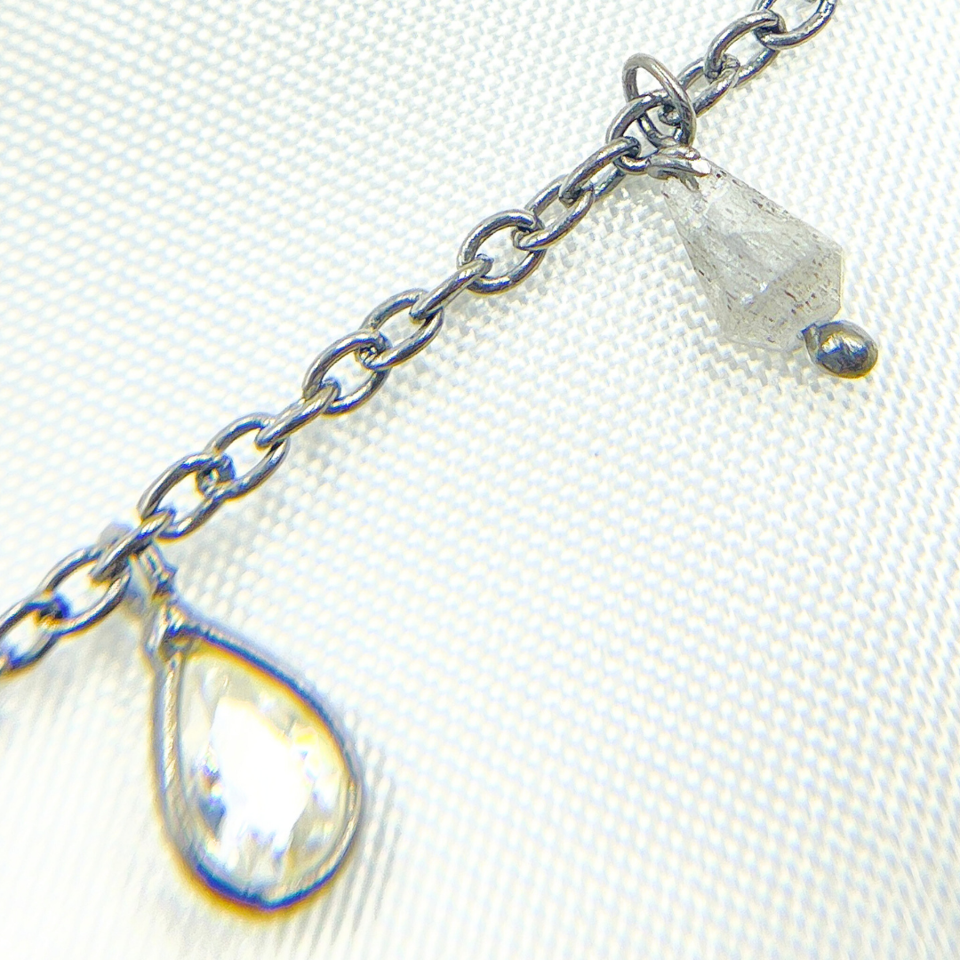 Labradorite Drop & CZ Pear Shape Dangle Oxidized Wire Chain.
