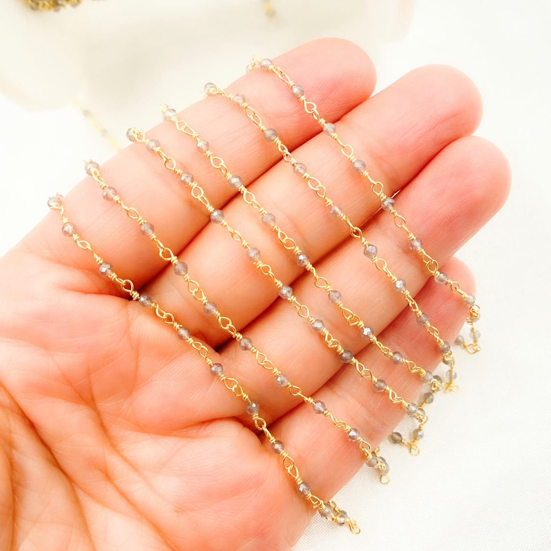Coated Grey Moonstone Gold Plated Wire Chain.