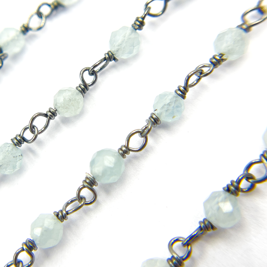 Aqua Blue gemstone Oxidized 925 Sterling Silver Wire Chain