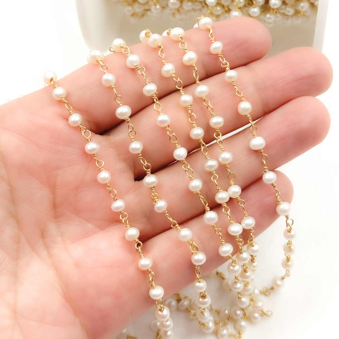 Freshwater Pearl Round Shape Gold Plated Wire Chain