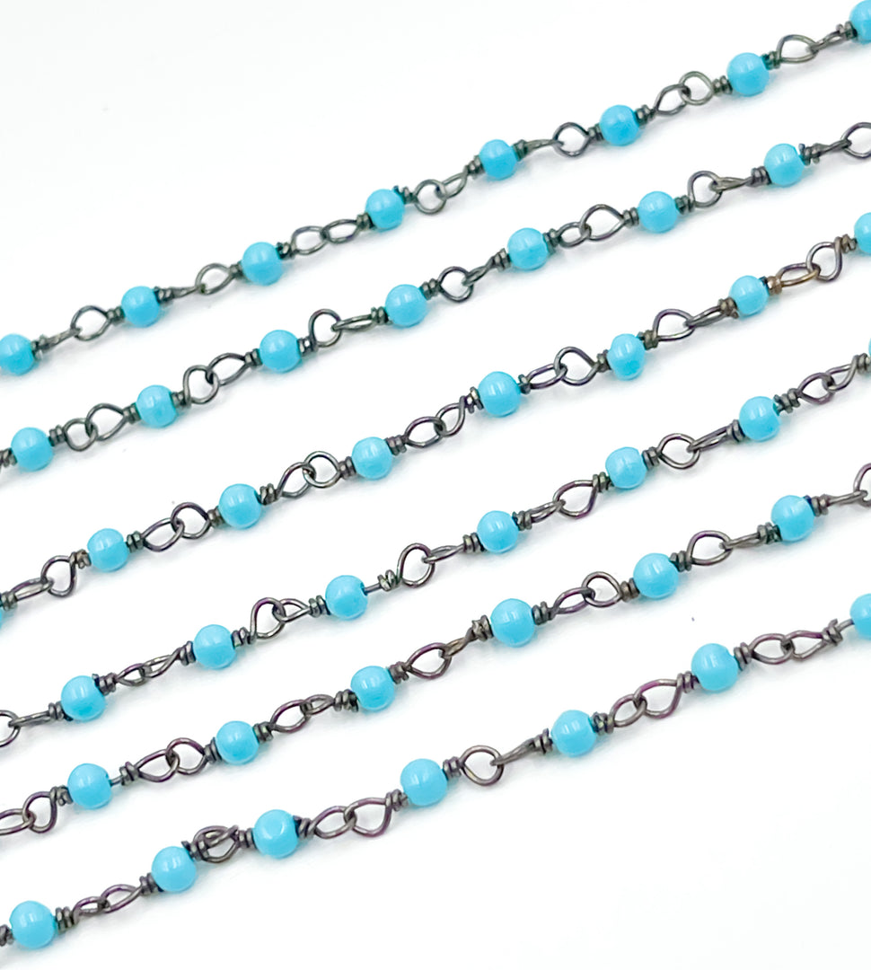 Turquoise Wire Wrap Chain made with Black Rhodium 925 Sterling Silver. TRQ10